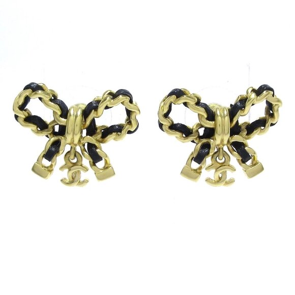 CHANEL Coco - Gold Black Hardware Leather Earrings 852-080125 - Picture 1 of 6